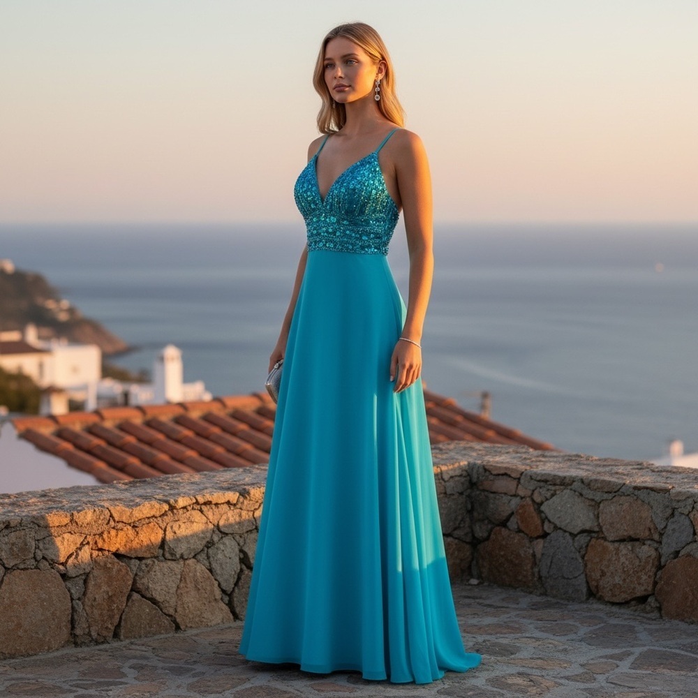 Scala Y2K Silk Beaded Maxi Dress size 12 Teal prom event wedding glam